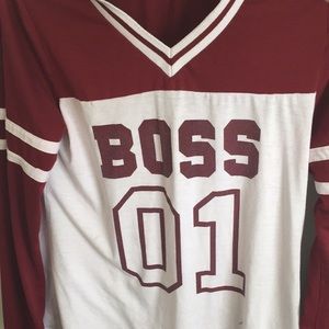 Maroon and white long sleeve t-shirt